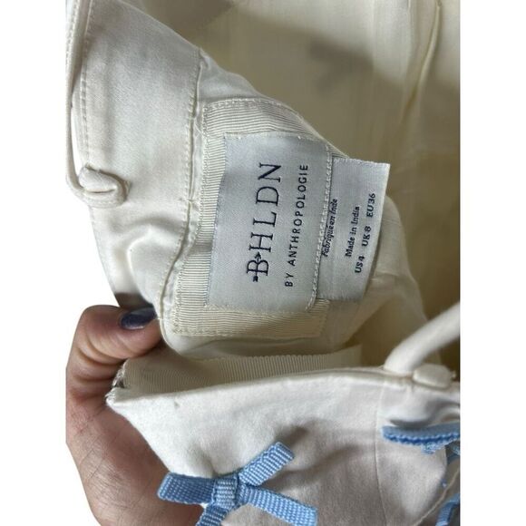 BHLDN Blue Bow Fitted Mini Dress Size 4 White Blue Cinderella Wedding Preppy - Picture 12 of 16